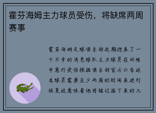 霍芬海姆主力球员受伤，将缺席两周赛事