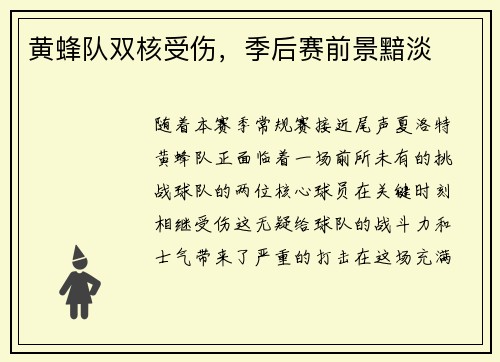 黄蜂队双核受伤，季后赛前景黯淡