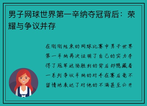 男子网球世界第一辛纳夺冠背后：荣耀与争议并存