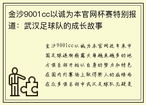 金沙9001cc以诚为本官网杯赛特别报道：武汉足球队的成长故事